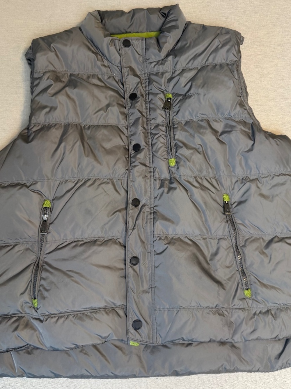 Orvis Mens Duck Down Quilted Puffer Vest Gray/Lime Green XL